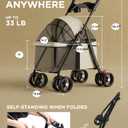 GTPLAYER Foldable Pet Stroller for Small Dogs and Cats, Holds Up to 33 lb, 4-Wheel Stroller with 2 Safety Tethers, Breathable Mesh, Lockable Front Wheels, Cup Holder/Tray & Storage Pocket, Beige