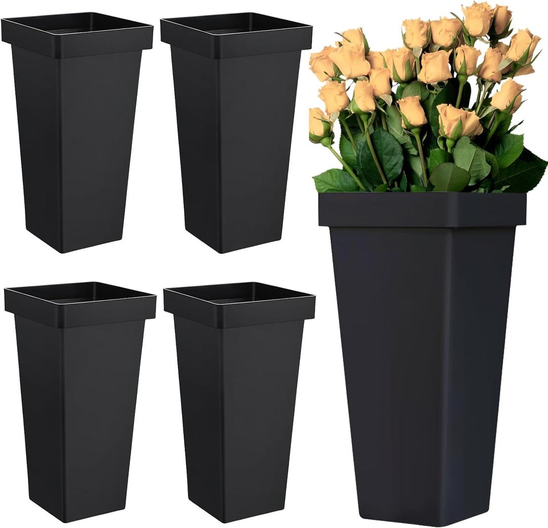 4 Pack Flower Buckets for Cut Flowers -13.4 Inch Plastic Floral Buckets Modern Square Vases for Centerpieces Display Decorative Plastic Vases for Home Office Wedding Decorations, Black
