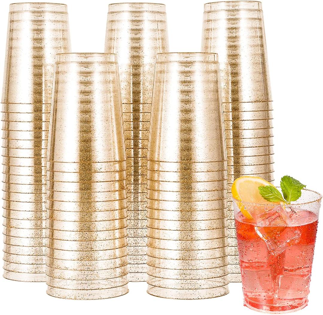 JOLLY CHEF 100 Pack 10 oz Gold Plastic Cups, Disposable Gold Glitter Cups, Clear Plastic Tumblers Perfect for Weddings, Christmas & Parties