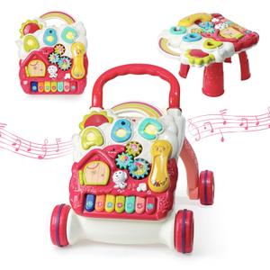 Sit to Stand Baby Walker, Activity Center with Music and Light, Activity Table for Toddlers, Push Toys for Babies Learning to Walk, Early Education Toys for Infant Boys Girls 6 Months Up (Red)