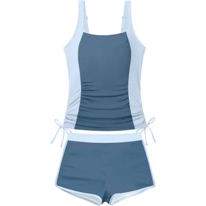 NAPU Girls Swimsuit Two Piece Tankini Swimsuits with Boyshort Ruched Bathing Suit Color Block Teen Girls' Swimwear  (13-14 Years, Blue)