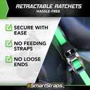 SMARTSTRAPS Retractable Ratchet Tie Down Straps (4 PK) 1,500lb Break Strength, 500lb Safe Work Load, Standard Duty, Secure and Haul ATVs, Lawn Tractors, Cargo, Boxes and Other Small Equipment (Green)