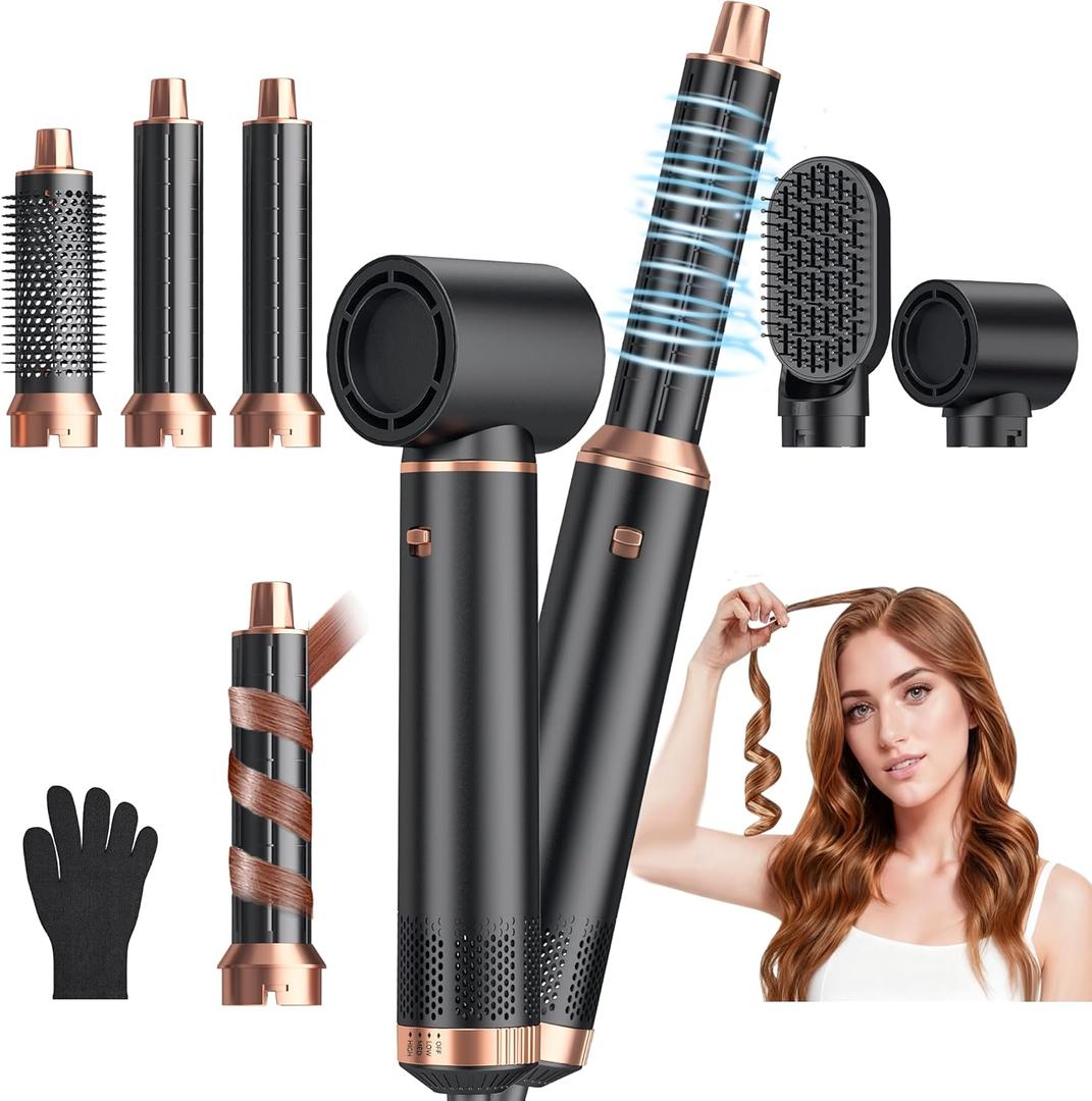 5 in 1 Blow Dryer Brush, Upgrade Hair Dryer Brush Air Curler Air Curling Wrap Styler, Detachable Hot Air Brush Negative Ion Curling Brush Iron, Hair Styling Tools for Drying Curling Straightening (Black Gold)