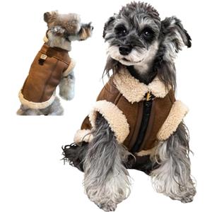 Retro Aviator Dog Jacket, Faux Leather Sherpa Lined Winter Coat for Dogs, Warm Windproof Pilot Style Clothes for Male & Female Puppy, Cold Weather Outfit for Poodle, M (Coffee)