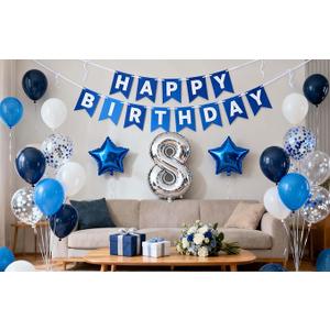 Happy 8th Birthday Balloon Colorful Banner Balloons Set 8th Year Old Birthday Blue Theme 8 Balloon Number 8 Foil Mylar Balloons Kids 8 Party Balloons Confetti Latex Mylar Balloons Party Supplies