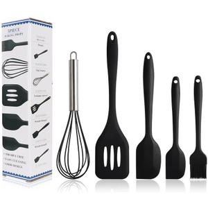 5Pcs Silicone Rubber Spatulas Whisks Set Food Grade Heat Resistant BPA-Free Rubber Spatula Set for Cooking Baking and Mixing Dishwasher Safe (Black)