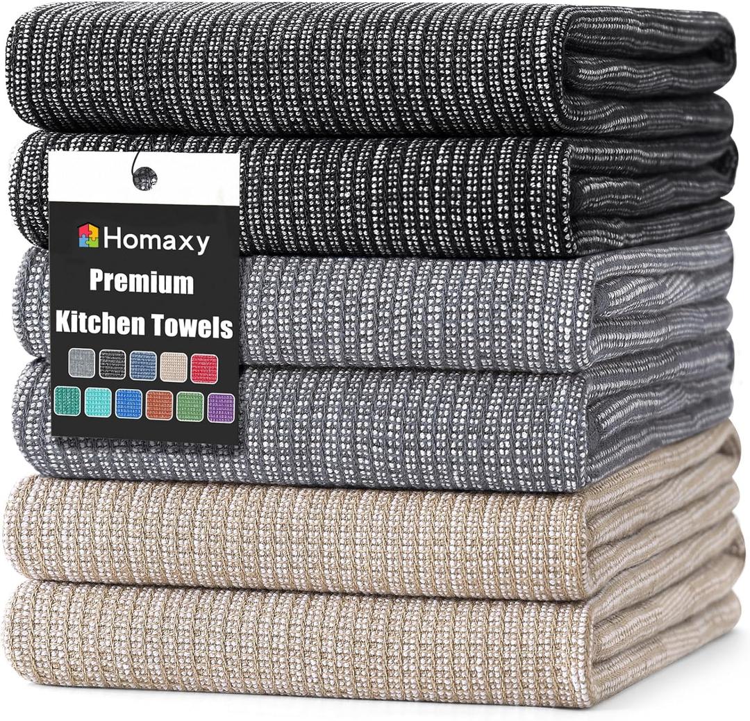 Homaxy Premium Kitchen Towels(18”x 28”, 6 Pack), Large Cotton Kitchen Hand Towels, Flat and Terry Dish Towels, 380 GSM Highly Absorbent Tea Towel Set with Hanging Loop, Grey/ Khaki/ Black Homaxy Premium Kitchen Towels(18”x 28”, 6 Pack), Large Cotton Kitchen Hand Towels, Flat and Terry Dish Towels, 380 GSM Highly Absorbent Tea Towel Set with Hanging Loop, Grey/ Khaki/ Black