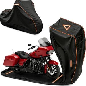 COVERVIN Full Enclosed Motorcycle Cover, 600D Heavy Duty Waterproof Motorcycle Cover, Outdoor UV Protection with Reflective Strips, Fits 108" Harley Honda Yamaha Suzuki, Cruiser, Touring Black