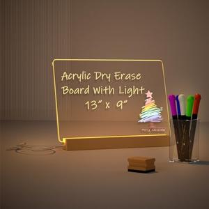 Light Up Clear Dry Drase Board 13 x 9 inch with 5 Markers, Acrylic Lighting Message Memo Note Board for Home/Office/Kitchen/Bedroom