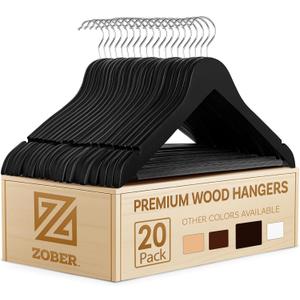 ZOBER Wooden Hangers - 20 Pack, Heavy Duty, Non Slip Wood Hangers for Coats, Jackets, Suits, & Pants - Clothes Hangers for Closet W/ Bar and Notches (Black)