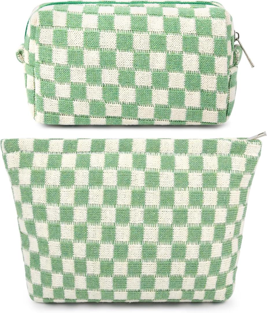SOIDRAM 2 Pcs Checkered Makeup Bag Large Cosmetic Bag Toiletry Bag Makeup Pouch Travel Bag Organizer Cute Makeup Brushes Aesthetic Accessories Storage Bag for Women Green