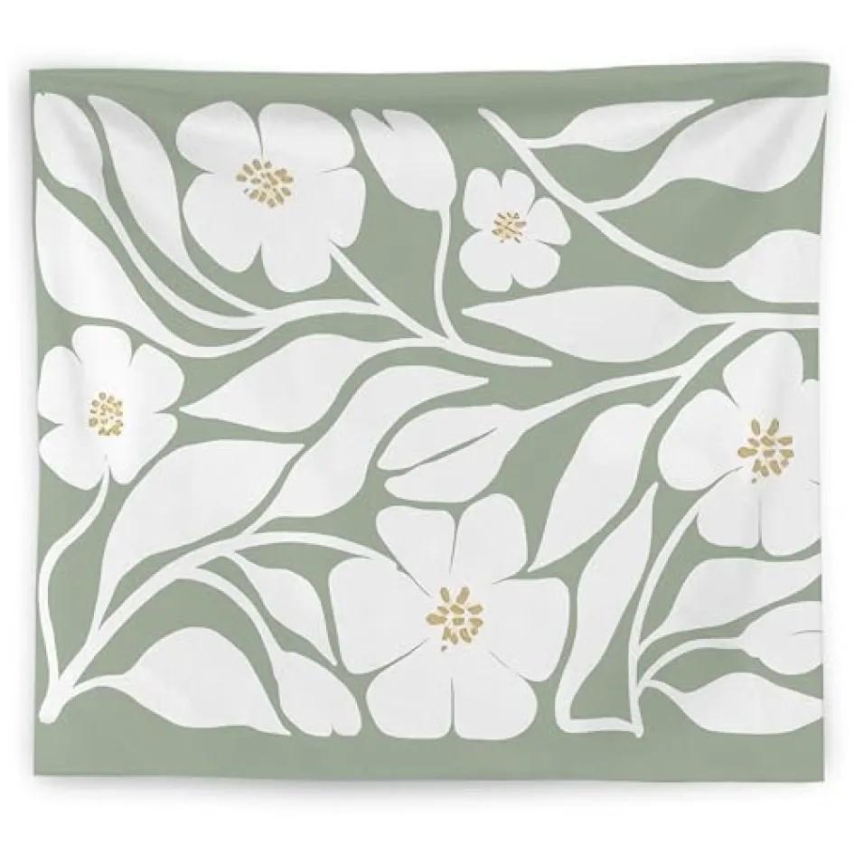 Abstract Boho Light Flowers Plant Tapestry Wall Hanging, Trendy Boho Green and White Botanical Wall Blanket Decor for Bedroom Living Room Girls Room Dorm Apartment, 50x60 Inch