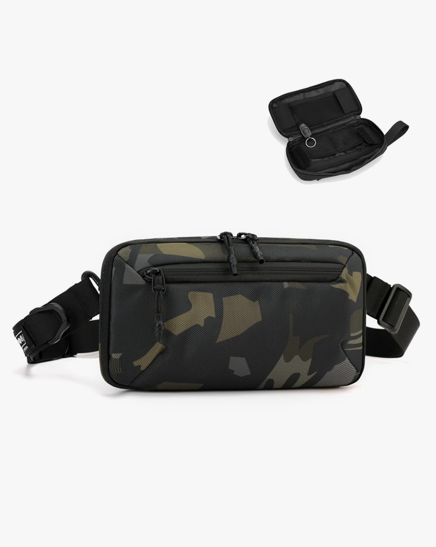 Small Fanny Pack Men Women, Waterproof Waist Bum Bag, 1.5L Adjustable Strap Crossbody Sling Bag​s W/D Ring for Travel Running Hiking, Camo