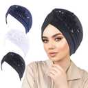 SJTYDX 3Pcs Flower Turban Hats for Women Solid Headwear Ruffle Pre Tied Beanie Hijab Undercap Chemo Cancer Hair Wrap Caps