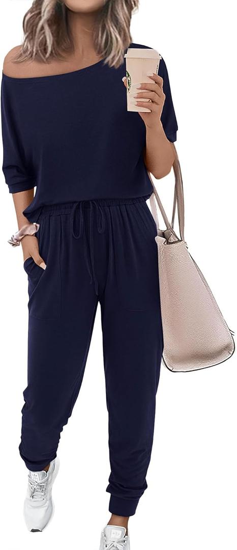 Zenlonr Women Summer 2 Piece Outfits 2025 Off Shoulder Short Sleeve Tops Elastic Waist Drawstring Long Pants Tracksuit (2XL, Navy)