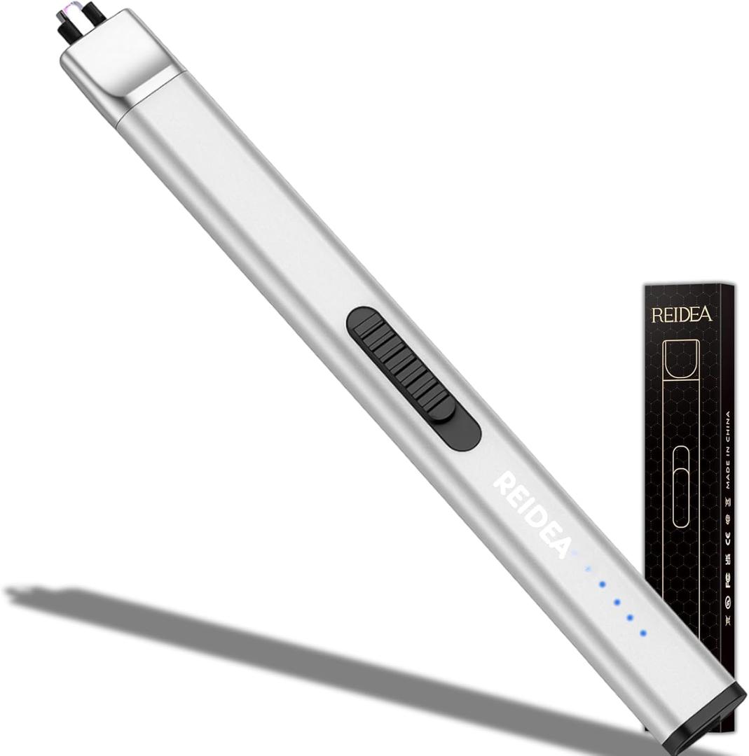 REIDEA Lighter Gift for Candle [Stocking Stuffers for Women & Men], Retractable Top Windproof Flameless USB Rechargeable Arc Safe for Adults, R1 Flat, Silver