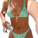 ZAFUL Women's Floral Bikini Set Color Block Double Spaghetti Strap High Cut Swimsuit Two Piece Bathing Suits (Green, S)