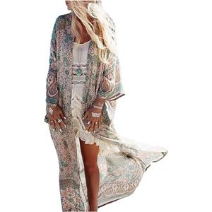 Wander Agio Womens Bikini Cover Ups Beach Casual Dress Coverup Swimsuits Long Cardigan Buttons Chiffon Blut Flower Pattern 8