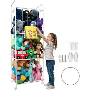 Stuffed Animal Storage Cage with Wheels & Front Basket Large Metal Tube Organizer for Plush Toys, Playroom or Nursery Space-Saving, Durable & Stylish Includes Wall-Mount Option