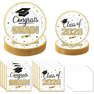 320Pcs Graduation Table Decorations Party Supplies - White Gold Graduation Plates and Napkins Class of 2026 Disposable Dinnerware Set for College High School Congrats Grad Party Favors, Serve 80