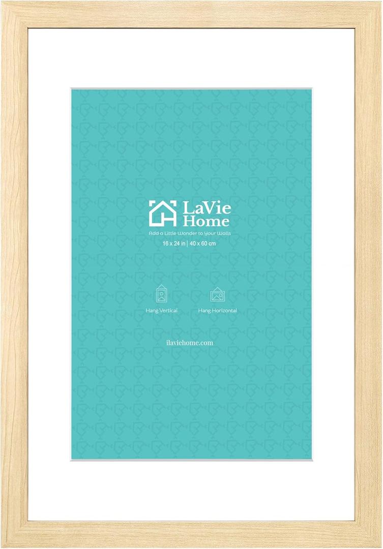 LaVie Home 16x24 Picture Frame Beige Oak Wood Poster Frame,Display Pictures 12x18 with Mat or 16x24 Without Mat, Stable Frame and Polished Plexiglass, Horizontal and Vertical Format of The Walls (16x24, Beige Oak)