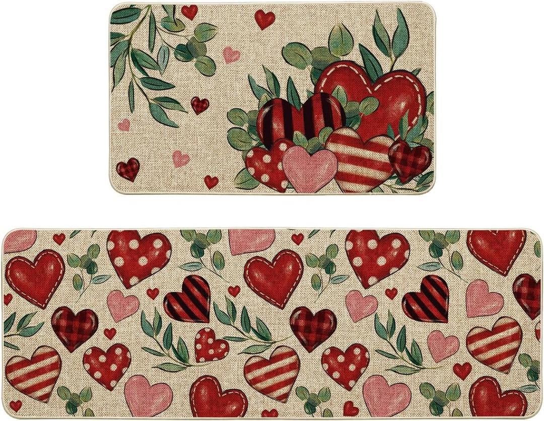 Artoid Mode Leaves Heart Valentines Kitchen Mats Set of 2, Low-Profile Home Decor Kitchen Rugs for Floor - 17x29 and 17x47 Inch