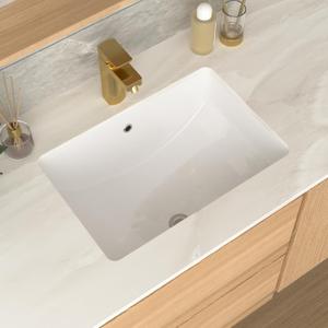 Undermount Bathroom Sink Rectangle 21x14 Inch White Rectangular Porcelain Ceramic Vessel Sink with Overflow, Under Counter Lavatory Vanity