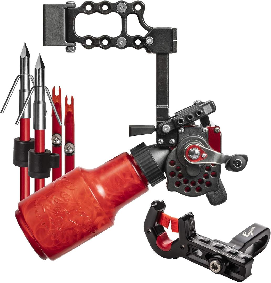 Cajun Winch Pro Reel Bowfishing Kit - Ultimate Bundle Including Winch Pro Reel, 25 Yards of 250 lbs. Line, 2 Arrows W/Piranha Points, Slides, Stops, and Brush Fire Arrow Rest, One Size