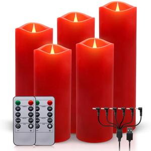 ALED LIGHT Red Real Wax Rechargeable Flameless Candles Flickering Realistic,Rechargeable LED Pillar Candles with Remote for Home Decor Idea GiftPack 5(D 2.2X H 55.5678)
