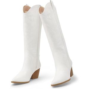 Arromic Cowboy Boots for Women Comfortable Womens Embroidered Western Cowgirl Knee High Boots Pointed Toe Zipper Chunky Heel Country Outfit Retro Tall Boots White 9