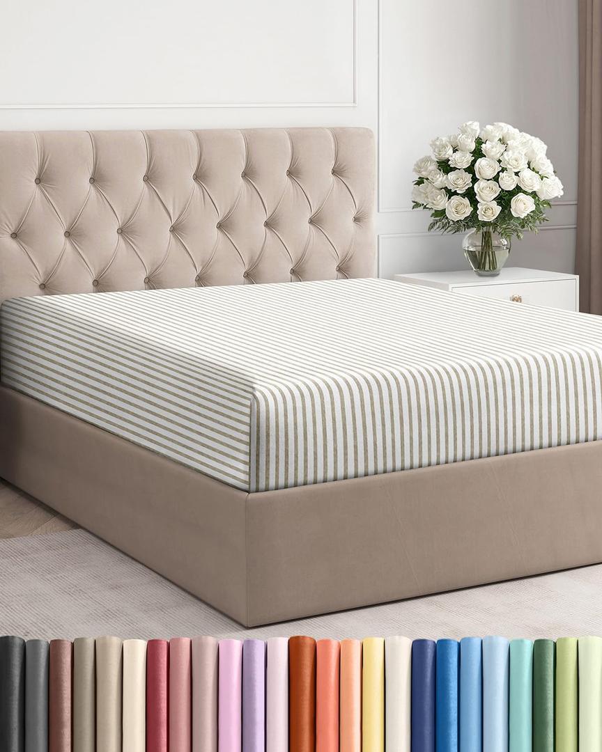 King Fitted Bed Sheet - Bottom Single Fitted Sheet Only - Ultra-Soft Hotel Luxury Bedding w/ 8-16 Inch Deep Pockets - Breathable & Wrinkle Free - Easy-Care, Fade & Shrink Resistant - Beige Stripes 2