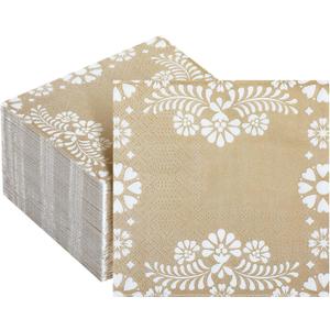 Havawish 100 PCS Beige Cocktail Napkin - Mexican Talavera Print Design Fancy Paper Napkins for Party Supplies Birthday, Baby Shower, Wedding Celebrations Decorative, 5 x 5 inch