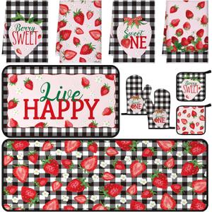 Fourluoo 10 Pcs Strawberry Farmhouse Kitchen Decor Set Dish Towels Kitchen Rugs Oven Mitts and Pot Holders Set for Cooking Baking Grilling Women Mom Daughter Gift (Mixed Color)