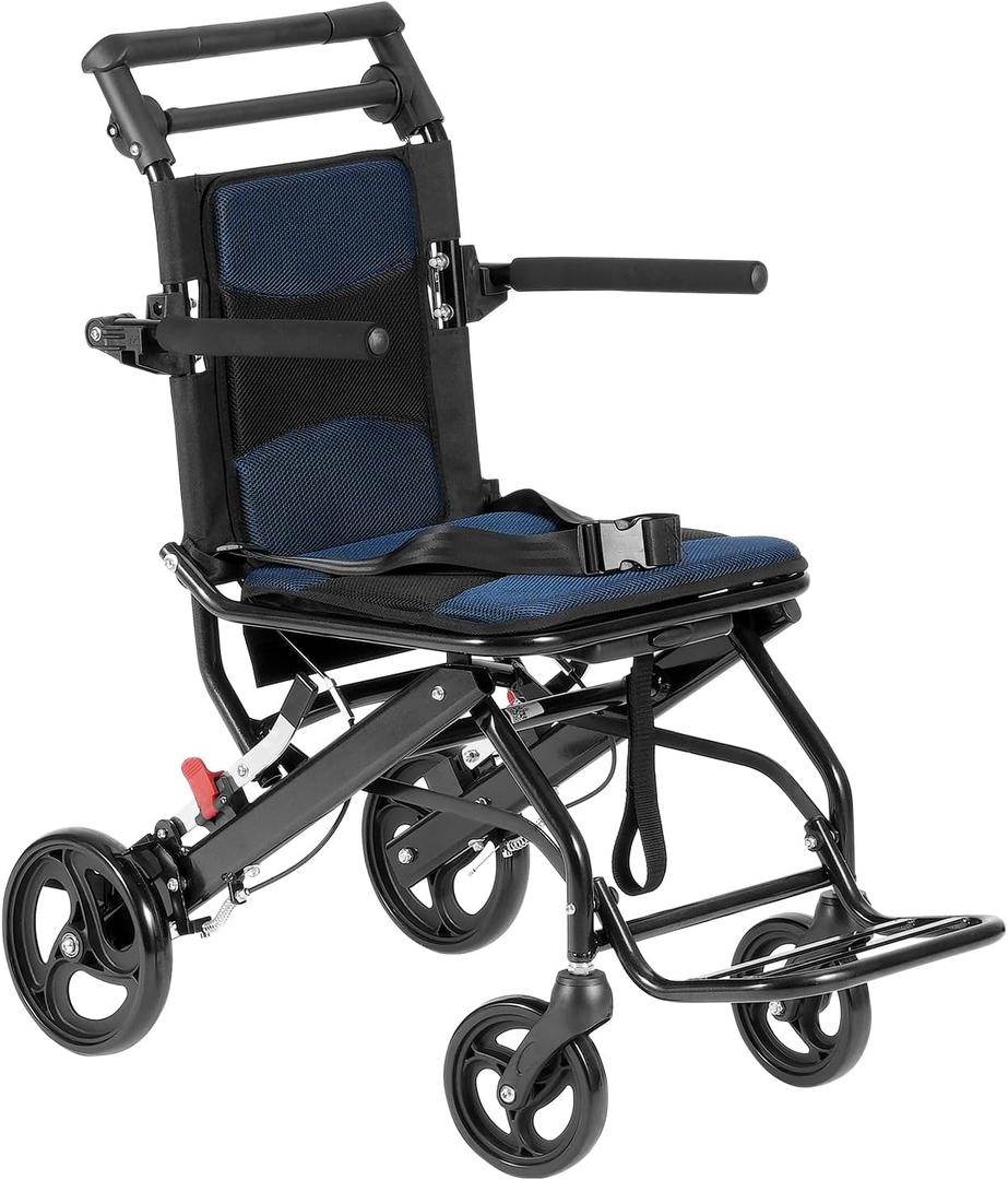 VEVOR Wheelchair, Aluminum Alloy Ultra-Lightweight Transport Chair for Adults, Foldable Cabin Wheelchair with Flip-Back Desk-Length Arms, Self-Locking Brake, 15.75-Inch Wide Seat, 220lbs Load