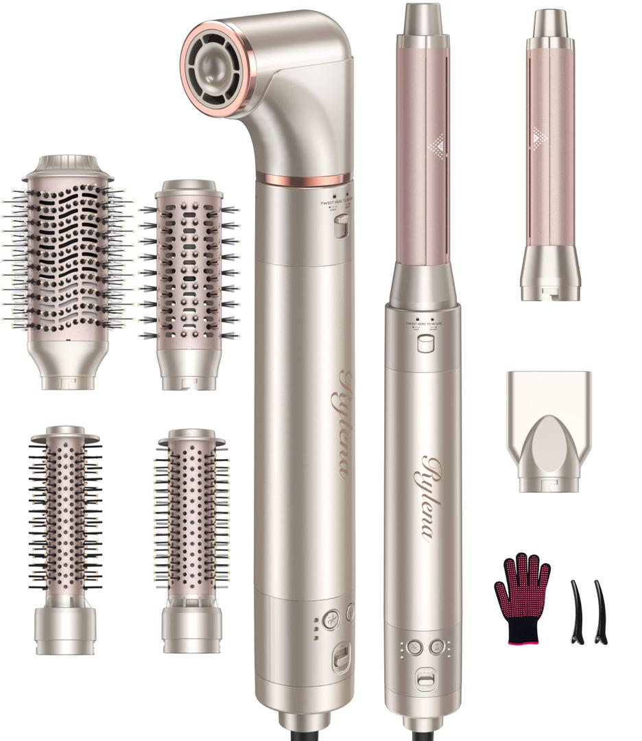 Deluxe 8-in-1 Air Styler Pro 2025 by Rylena, Hair Dryer Brush for Fast Drying, Auto Curling, Smoothing&Volumizing, 8 Attachable Heads, 110,000 RPM High-Speed Multi Styler, 600M Ionic Care, Stone