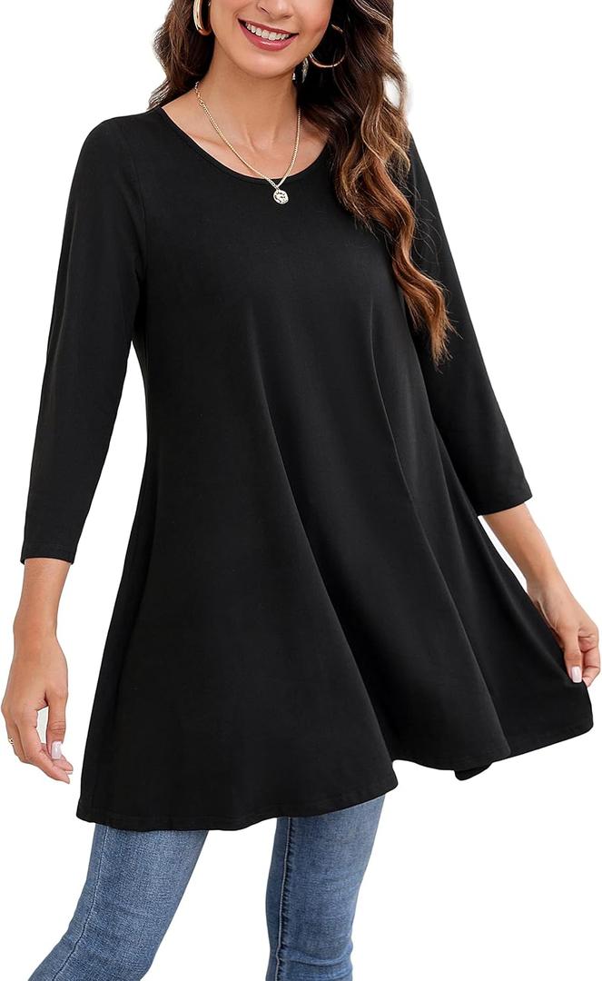 ENMAIN Womens Tops 3/4 Sleeve Plus Size Tunics to Wear with Leggings Dressy Casual Loose Blouses Swing Flare T-Shirt S-5XL (Black, L)