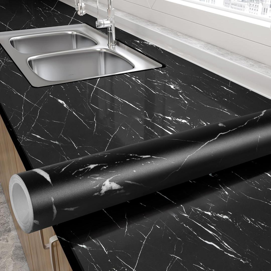 LXCREAT Black Marble Contact Paper Peel and Stick for Kitchen Countertop, Matte Wallpaper Removable Self Adhesive Vinyl Waterproof Roll 15.7”×118" for Cabinets Wall Covering Easy to Clean