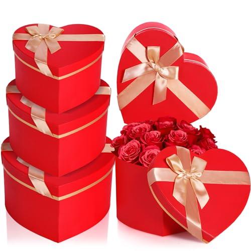 Resurhang Red 4 Pcs Valentines Heart Shaped Gift Box with Lid for Flower Arrangement Large Present Gift Box for Valentine's Day Wedding Birthday Anniversary Party (Classic)