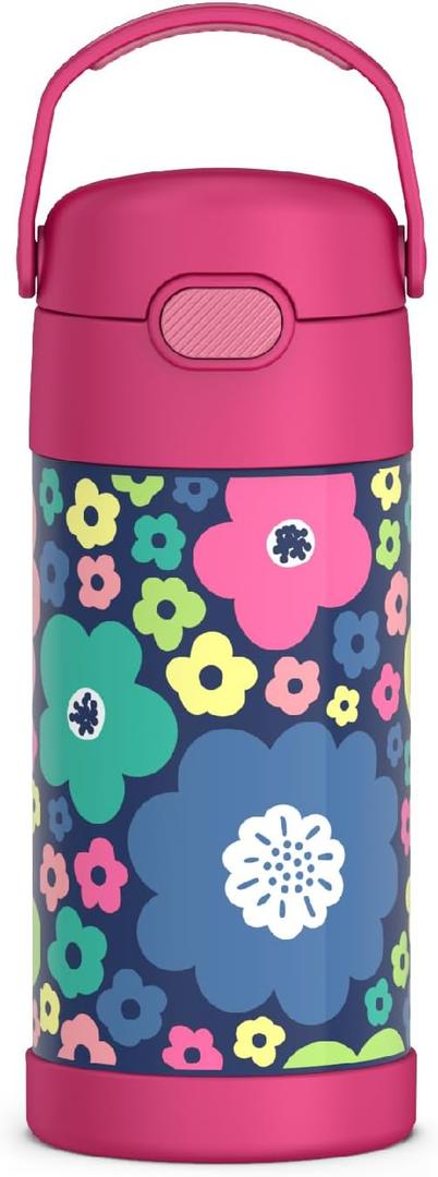 THERMOS FUNTAINER Water Bottle with Straw - 12 Ounce - Kids Stainless Steel Vacuum Insulated Water Bottle with Lid, Mod Flowers (12 Ounces)