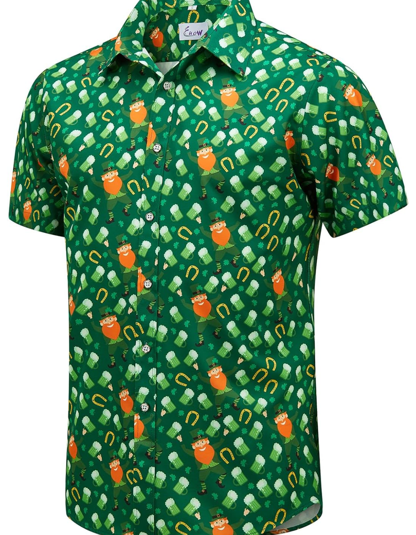 EUOW St. Patrick's Day Hawaiian Shirt for Men Irish Printed Casual Short Sleeve Button Down Beach Shirts 3XL