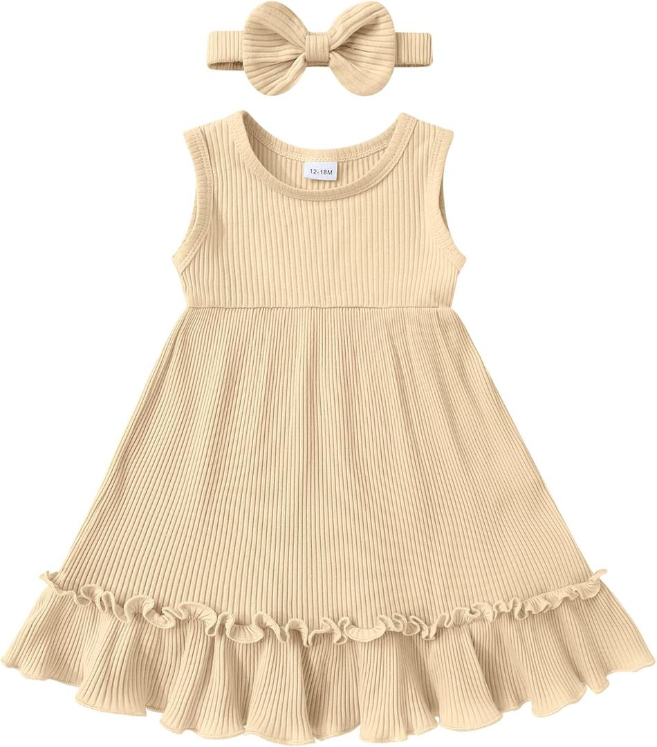 YOUNGER TREE Toddler Girl Summer Sundress Sleeveless Casual Dress Ruffle Hem Cotton Solid Outfits with Bowknot (Beige)