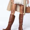 Coutgo Women's Chunky Heeled Knee High Boots Classic Leather Square Toe Zippered Tall Boot (Brown)