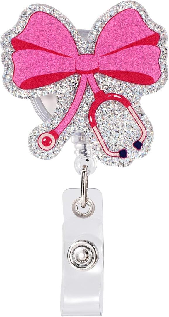 Pink Bow Nurse Badge Reel, 360 Rotation Articulator Clip Cute Nursing Badge Reel ID Holder Decor for RN LPN CNA Doctors Teachers Healthcare Workers Assistant Accessories