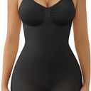 SHAPERX Women's Seamless Shapewear Tummy Control Bodysuit with Removable Pads Mid Thigh Body Shaper, SZ5468-Black-L-XL-Plus