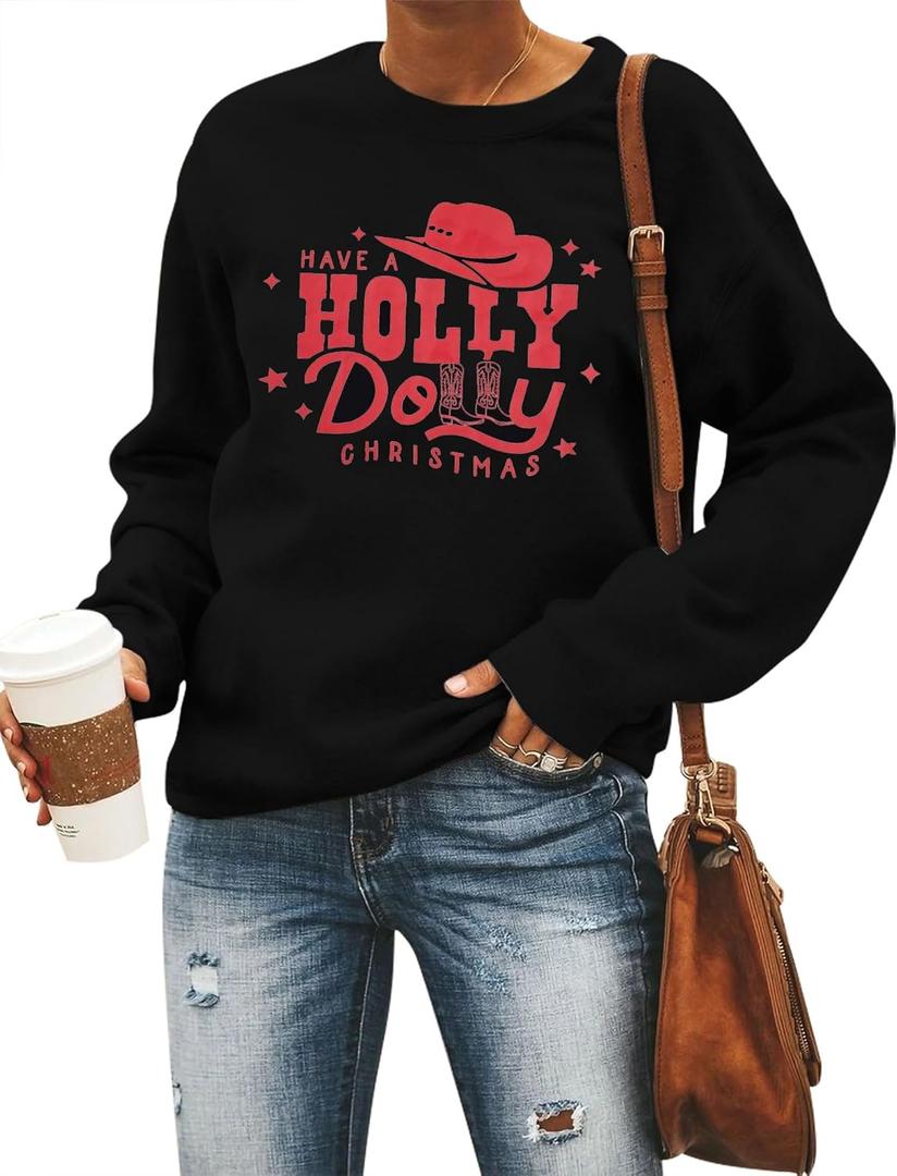 JINTING Christmas Sweatshirt for Women Holly Dolly Christmas Pullover Sweatshirts Xmas Graphic Long Sleeve Tops (Black, XL)