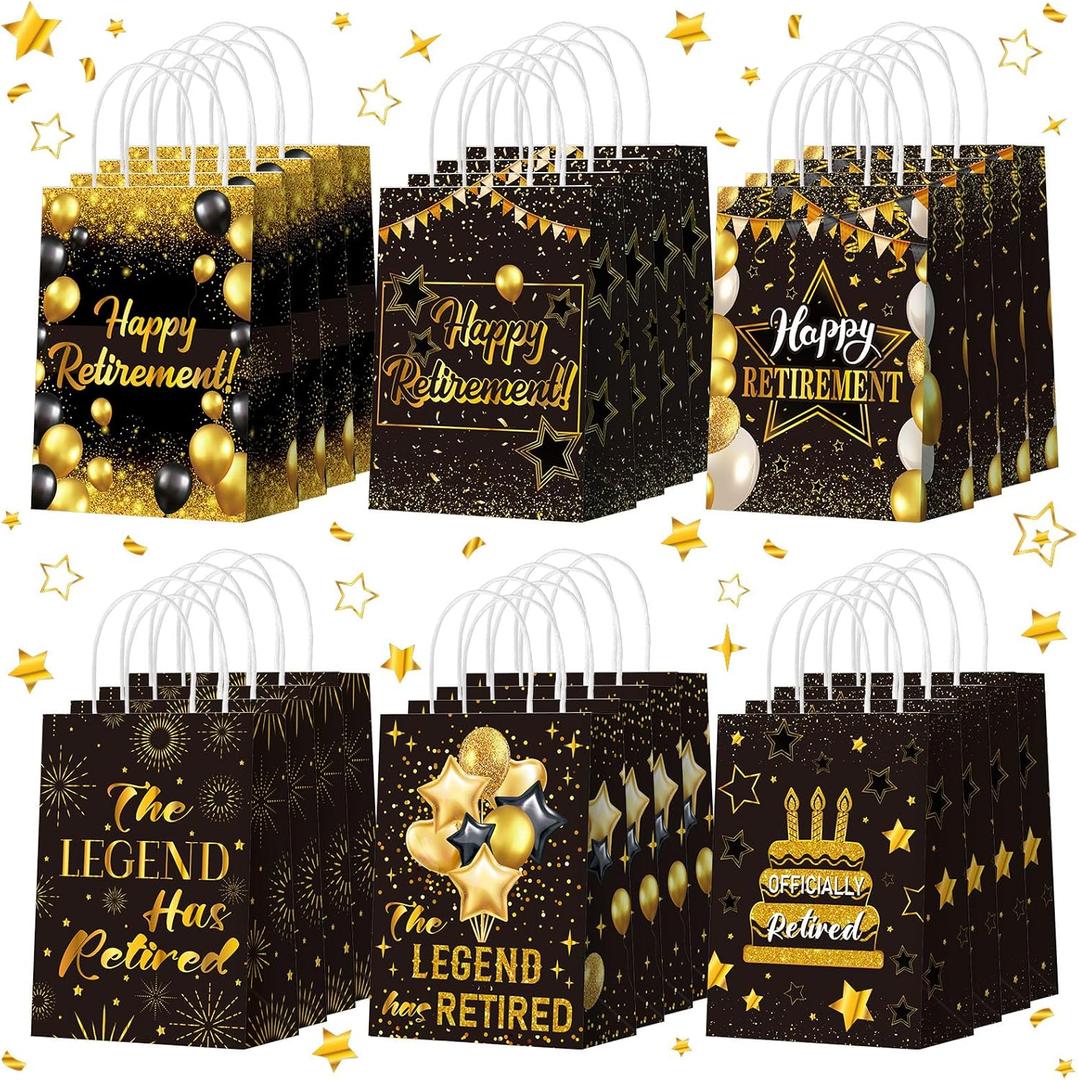 Kolldenn 24 Pcs Retirement Party Favors Bags Retire Gift Goodie Paper Bags with Handles Black Gold Happy Retirement Candy Treat Pouch for Retirees Farewell Going Away Party Decorations Supplies