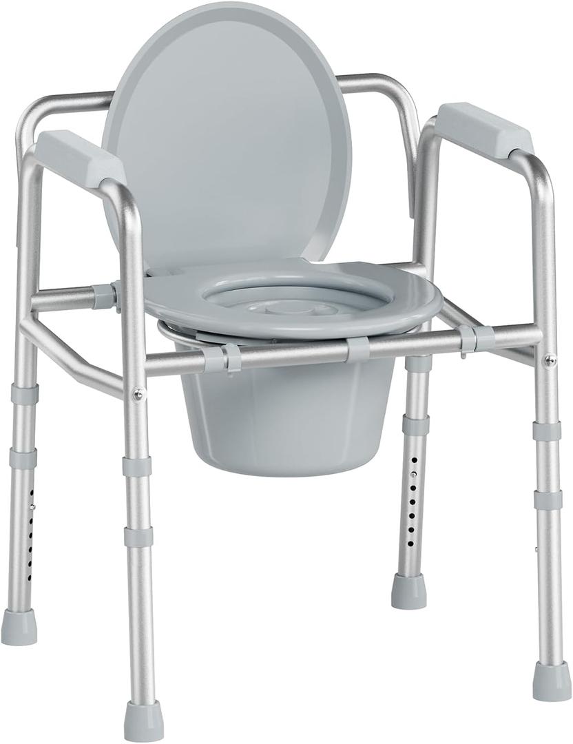 SOUNDFUSE 3 in 1 Bedside Commode Chair, Sturdy Dual-Crossbar Support, 350 Lbs Weight Capacity, Bedside Commode for Seniors with 7.5Qt Bucket, Portable Potty Chair for Adults, Silver