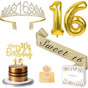 Sweet 16 Birthday Party Decorations for Girls, Sweet 16 Sash and Crown, Cake Toppers, Birthday Card, Number Candles and Balloons, 16th Birthday Gifts for Girls