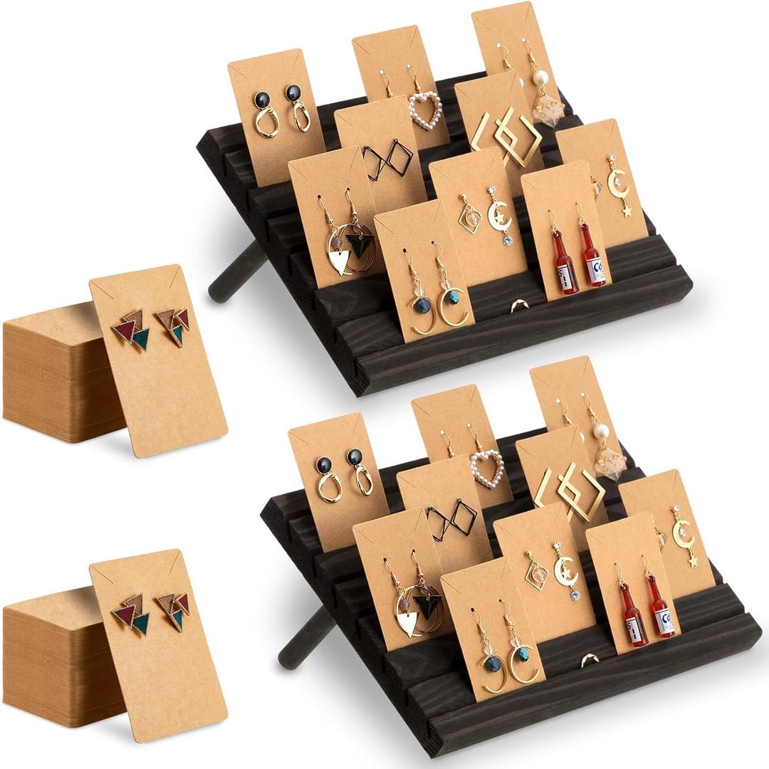 Marsui 62 Pcs Wood Earring Display Stand Earring Card Display 2 Sets of Holder with Cards Jewelry Stands for Selling (Black Gray)