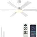 JSAITEE 52 Inch Low Profile Ceiling Fan with Lights, Remote & APP Control, 3CCT Dimmable, 6 Blades 6 Speed Ceiling Fans, Quiet Reversible DC Motor, Modern White Ceiling Fan for Bedroom Living Room